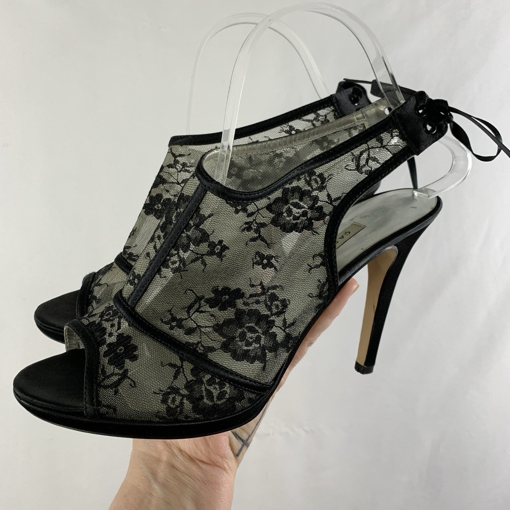 Caparros Womens Sheer Lace Tie Back Heels Size 8.5 M Black Gothic Leather Sole